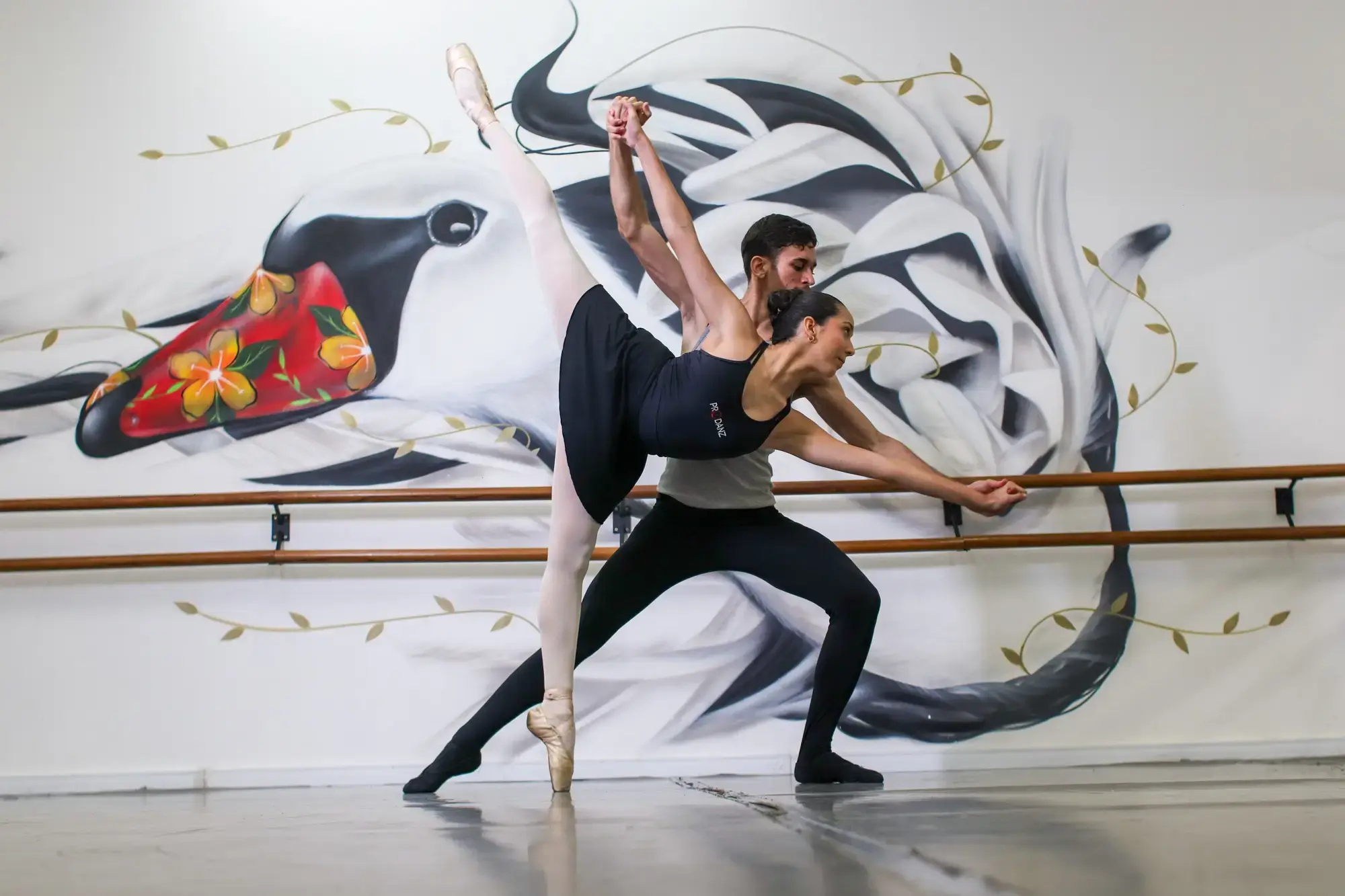 Bailarinos do Prodanz em ensaio, diante do mural do cisne